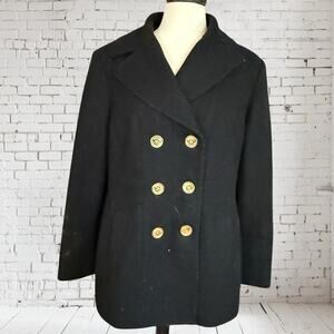 Michael Kors Black Pea Coat Sz XL Double Breasted Wool Blend Gold Buttons Preppy